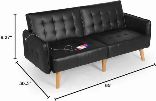 Vista 2 de TYBOATLE Sofá Cama Futón Plegable Convertible de Cuero Sintético de 65'' con 2 USB, Sofá de Dos Plazas para Espacios Pequeños, Apartamento