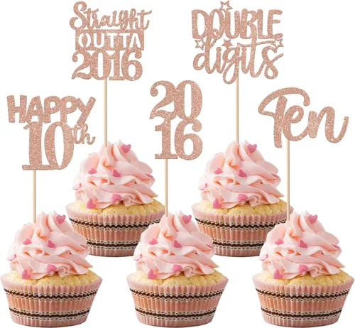 Vista 8 de 30 piezas negras para cupcakes de 10.º cumpleaños con purpurina Ten Happy 10 Straight Outta 2016 para saludos a 10 años 10 cumpleaños, boda Negro
