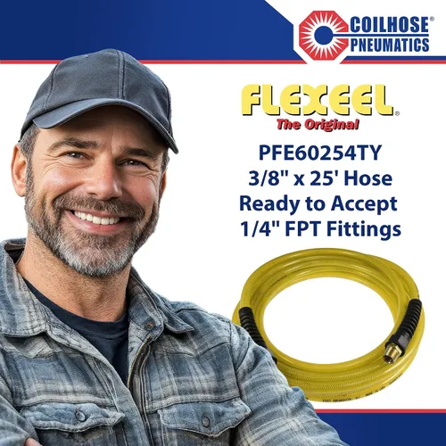 Vista 4 de Coilhose Pneumatics PFE60254TY Flexeel Manguera de aire de poliuretano reforzado, 3/8" diámetro interior, 25' de longitud con (2) accesorios