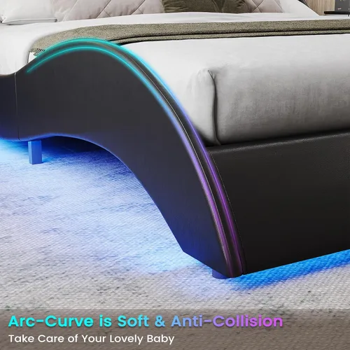 Vista 8 de DICTAC Base de cama King con puertos de carga y cabecero, base de cama de plataforma tamaño King con luces LED onduladas como curvas, soporte