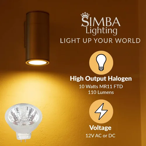 Vista 4 de Simba Lighting - Bombillas de foco halógeno MR11 de 10 vatios y 12 voltios (paquete de 6) de 2 pines, 110 lm, ángulo de haz de 30° para acento, luz