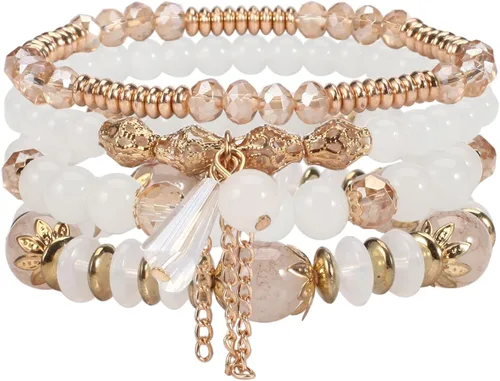 Vista 8 de Twinfree Pulseras bohemias para mujer, pulsera elástica de cuentas de colores multicapa con dije de joyería