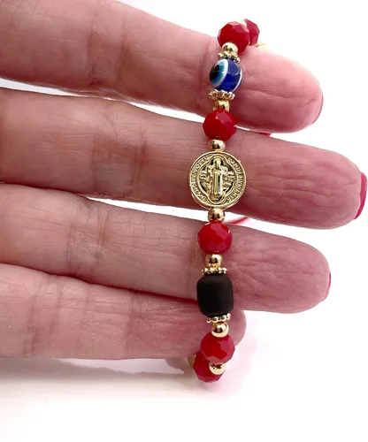 Vista 3 de SIFRIMANIA Positive Energy Evil Eye Talisman Genuino Azabache Rojo Pulsera de Protección Ajustable para Mujer