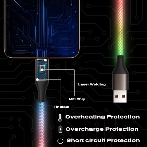 Vista 5 de Cable de carga para iPhone, cables Lightning LED que cambian de color, certificado Apple MFi, cable de carga rápida USB para Apple iPhone 13, 12, 11