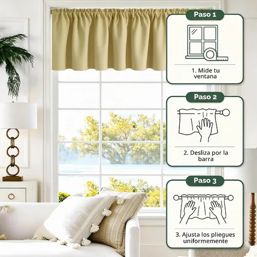 Vista 6 de Cenefa Beige Oscurecedora para Ventana, Cortina Corta con Bolsillo para Barra, Cenefa Primitiva para Sala de Estar, Baño, Guardería, Cocina, Ventana