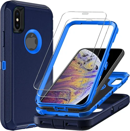 Vista 10 de Funda para iPhone Xs Max con 2 protectores de pantalla de vidrio templado, grado militar 3 en 1, resistente a prueba de golpes, caídas y polvo