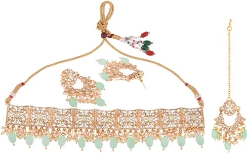 Vista 6 de Efulgenz Antique Gold Tone Choker Necklace Maangtikka and Earrings Set Indian Jewelry Sets for Women Indian Bridal Sets Ethnic Faux Kundan Crystal
