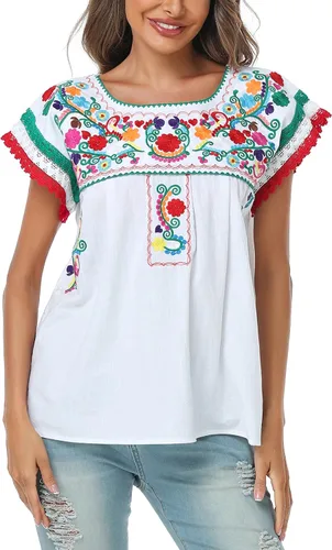 Vista 5 de YZXDORWJ Blusa tradicional colorida con encaje bordado mexicano para mujer, camiseta tricolor para el día de la independencia mexicana