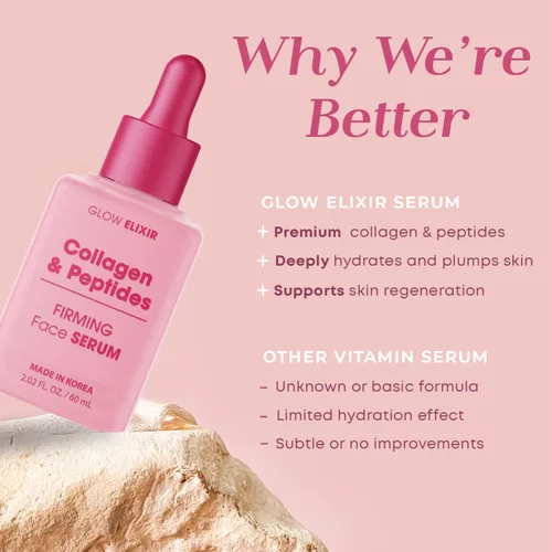 Vista 3 de Glow Elixir Suero facial de colágeno y péptidos, suero reafirmante y antiarrugas para reparación de la piel, líneas finas y tratamiento de arrugas