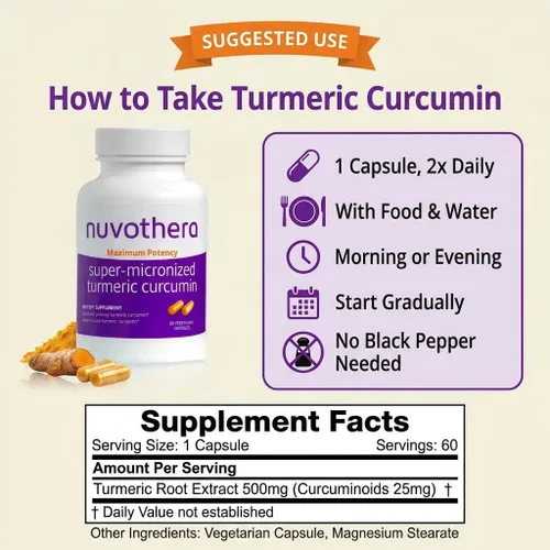 Vista 4 de Nuvothera Cápsulas de curcumina de cúrcuma supermicronizada de absorción rápida, raíz entera, sin OMG, piel, salud intestinal y antioxidantes