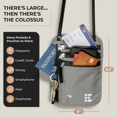 Vista 22 de Cartera para el cuello para viajes y pasaporte con bloqueo RFID, delgada y fácil de ocultar, bolsa de viaje de nailon para hombres y mujeres