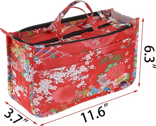 Vista 3 de BTSKY Organizador de bolsas de impresión dentro del bolso, organizador de bolsa de alta capacidad con 13 bolsillos con asa (flor festiva)