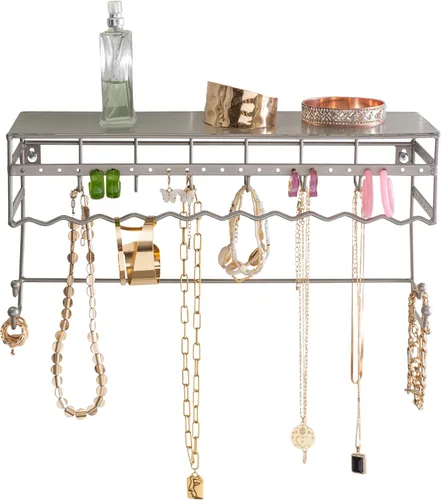 Vista 7 de Estante negro de 13.5 pulgadas para montaje en pared. Bastidor para guardar productos de joyería y accesorios Estante organizador para aretes