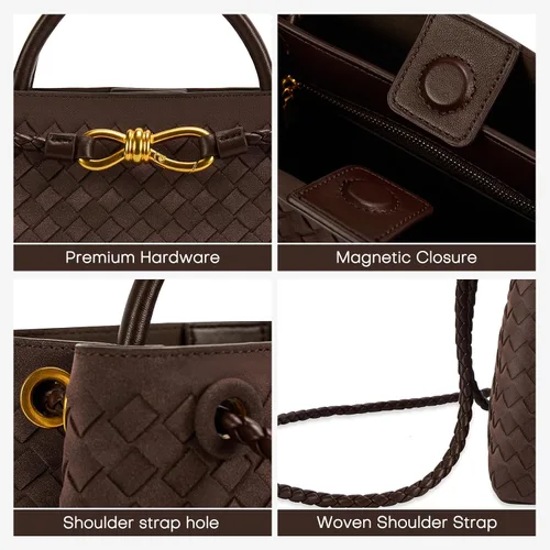Vista 6 de Woven Tote Bag for Women Leather Shoulder Handbag Designer Top Handle Purses
