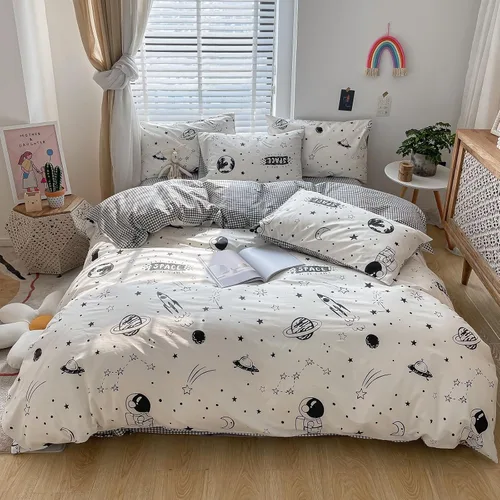 Vista 10 de Juego de funda de edredón de gatos, tamaño individual, ropa de cama 100% algodón, varios patrones de gatos de dibujos animados impresos en blanco