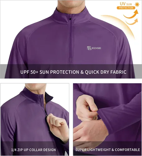 Vista 4 de Men's UPF 50+ Rash Guard 1/4 Zip Stand Collar Swim Shirt Long Sleeve Berry Conservar