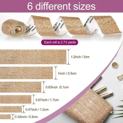 Vista 4 de 6 rollos de cinta autoadhesiva con diamantes de imitación de cristal, 6 yardas, rollo de calcomanías de malla brillante para artes, manualidades