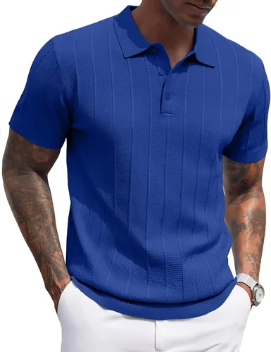 Vista 51 de COOFANDY Camisas polo de punto para hombre de manga corta con textura acanalada Camisas de golf casuales y ligeras con cuello Camiseta de polo