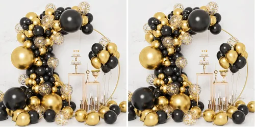 Vista 8 de RUBFAC Globos negros y dorados, decoraciones de graduación 2026, 130 piezas de globos de confeti de metal negro dorado y metálico, kit de arco
