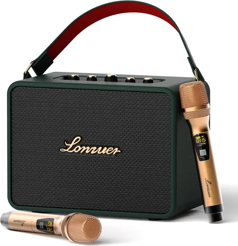 Vista 8 de Máquina de karaoke portátil recargable de 18000mAh 120W con graves potentes Bluetooth con 2 micrófonos inalámbricos Entrada AUX para guitarra
