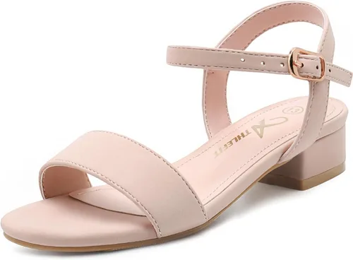 Vista 13 de Athlefit Sandalias para niñas, puntera abierta, correa en el tobillo, tacones bajos, zapatos de vestir para niñas pequeñas y grandes