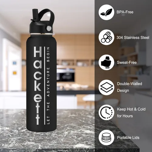 Vista 5 de Botellas de agua personalizadas con tapa de pajilla, botella de agua personalizada de 24 onzas, botella de agua aislada con grabado láser con Morado