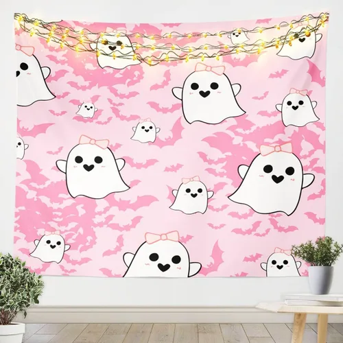 Vista 3 de Feelyou Halloween Wall Art for Bedroom Living Room Cartoon Ghost Tapestry Decoration for Kids Boys Girls Red Tapestry Wall Hanging Ghost Festival