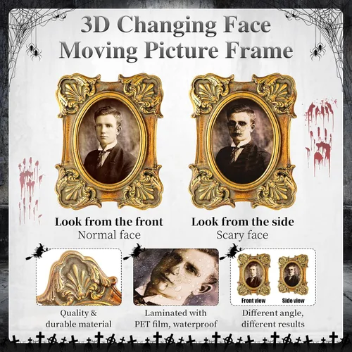 Vista 2 de 10 piezas de decoraciones de Halloween para interiores con retratos de caras cambiantes en 3D, marco de fotos de terror, carteles en movimiento