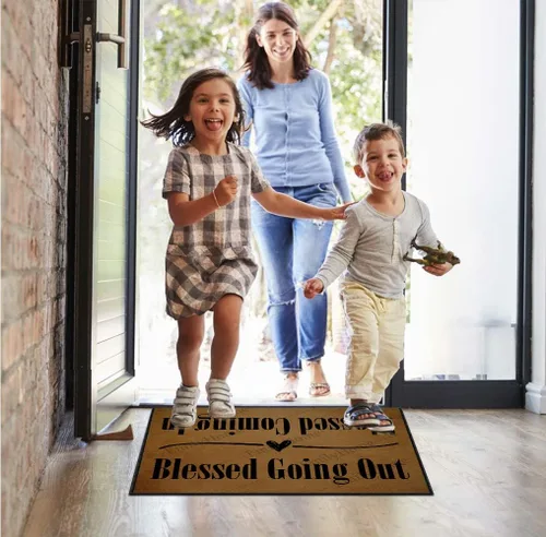 Vista 5 de Tapete para puerta delantera, para entrada interior, con texto en inglés "Blessed Coming in Blessed Going Out", alfombra de entrada