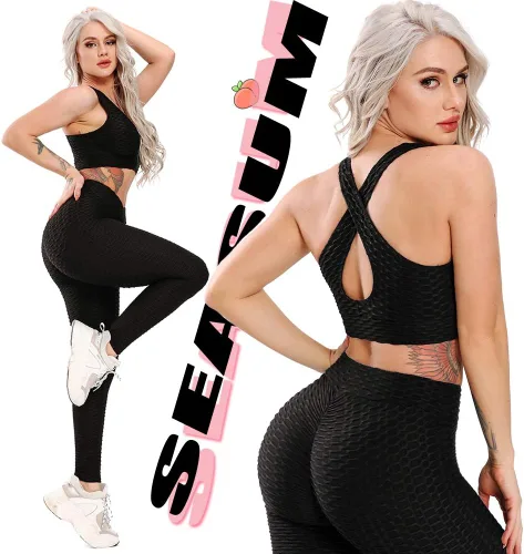 Vista 2 de SEASUM - Pantalones de yoga de cintura alta para mujer, con control de abdomen y realce de glúteos, leggings favorecedores para entrenar y correr