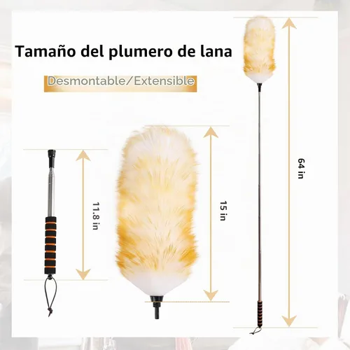 Vista 3 de Plumero de Limpieza Extensible de Lana de Cordero de 26-64 Pulgadas, Limpiador de Pared Antiestático con Agarre de Esponja y Poste de Extensión