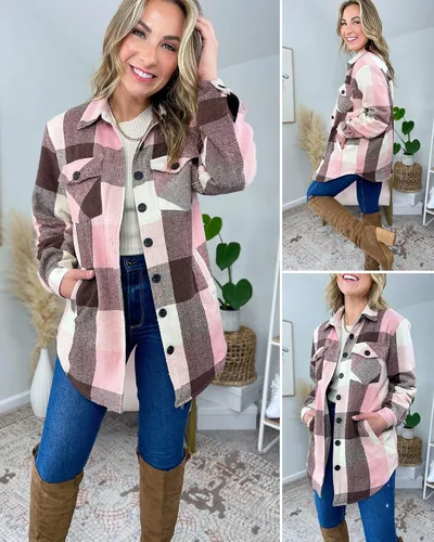 Vista 4 de GRAPENT Chaqueta acolchada con botones a cuadros de gran tamaño para mujer