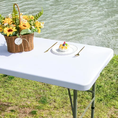 Vista 15 de Mantel de mesa rectangular de 4 pies con ajuste elástico, mantel de elastano elástico de 4 pies para mesas de comedor, para interiores y exteriores
