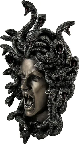 Vista 2 de JFSM INC. Cabeza de acabado de bronce de Medusa la escultura griega de la pared de la resina de la serpiente de la gorgona 14,5 pulgadas de alto