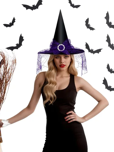 Vista 21 de Edoneery Sombrero de bruja de Halloween para mujer, encaje de malla, accesorio de disfraz de mago para fiestas de cosplay