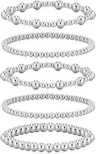 Vista 16 de Doubgood - Pulseras de oro para mujer, juego de 5 piezas, pulseras chapadas en oro de 14 quilates, conjuntos de joyería con cuentas elásticas