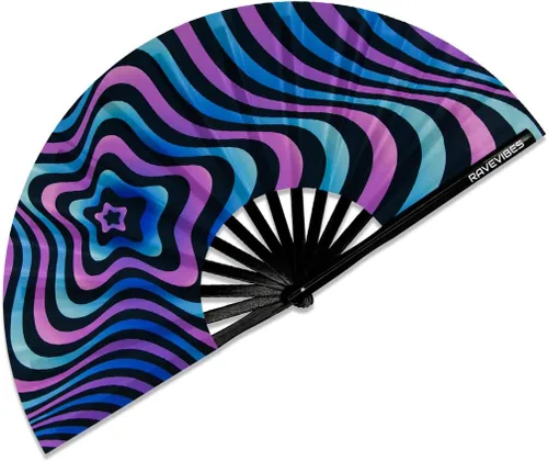 Vista 11 de Ravevibes Ventilador de mano plegable grande de 13 pulgadas, ventilador de bambú para festivales de bambú, ventiladores plegables con brillo UV