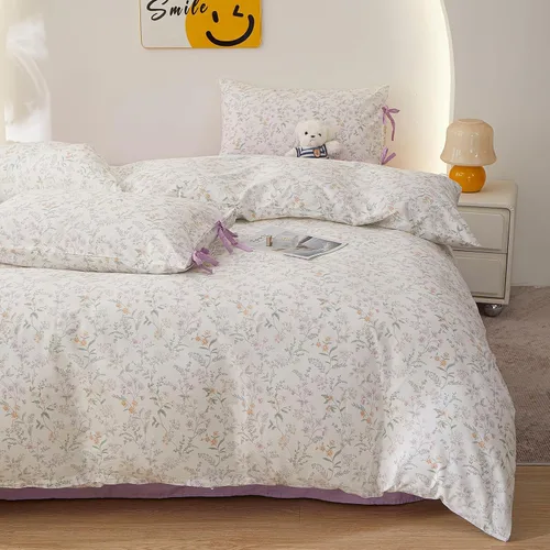 Vista 58 de Juego de funda de edredón blanca con estampado floral azul, juego de ropa de cama de algodón suave estilo bohemio, juego de ropa de cama estética