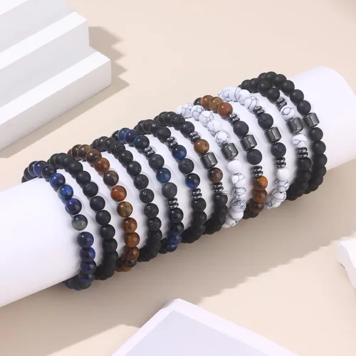Vista 6 de SAMOCO 12 piezas de pulseras de ojo de tigre para hombres, piedra natural, cuentas de 8 mm, juego de pulseras elásticas ajustables de roca de lava