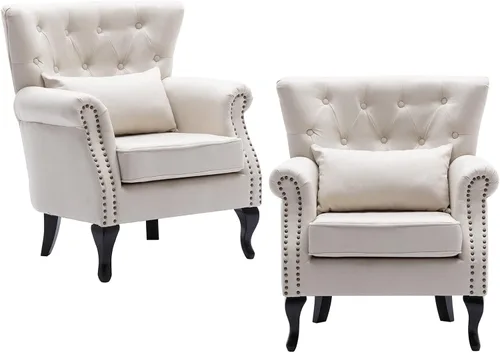 Vista 9 de chairus Silla de Acento Moderna de Mediados de Siglo con Otomana, Cómoda Silla Individual de Sofá de Lino con Botones Capitoné Sillón Orejero