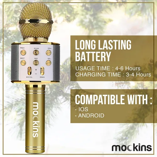 Vista 3 de Mockins Micrófono de karaoke Bluetooth dorado para niños con micrófono Bluetooth integrado, altavoz inalámbrico para karaoke compatible con iPhone