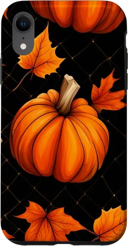 Vista 8 de iPhone 14 calabazas negro y naranja cuadros otoño hojas otoño Halloween caso