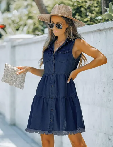 Vista 3 de luvamia Vestido de mezclilla corto con solapa sin mangas y botones para mujer