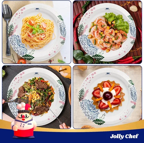 Vista 4 de JOLLY CHEF Platos de papel desechables resistentes con estampado de flores, a prueba de remojo, cortes, resistentes para uso diario