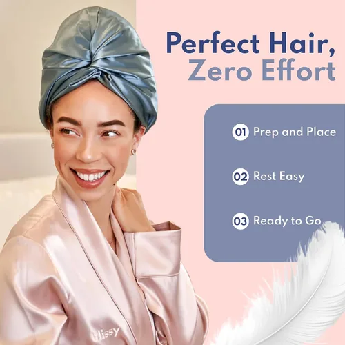 Vista 8 de BLISSY Gorro de seda para dormir para cabello largo y rizado, 100% seda de morera pura 22 momme 6a fibras de alta calidad