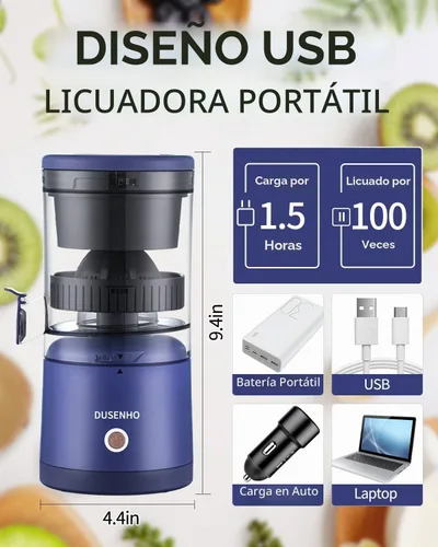 Vista 2 de Exprimidor de cítricos recargables - Exprimidor portátil con USB y cepillo de limpieza para naranja, limón, pomelo Púrpura