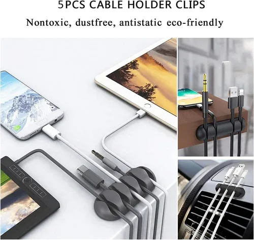 Vista 5 de Kit organizador de cables con 2 fundas para cables divididas con 41 clips autoadhesivos, 10 unidades y 2 rollos de ataduras autoadhesivas y 100