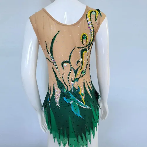 Vista 3 de LIUHUO Leotardo de gimnasia rítmica con estampado verde de diamante completo para niñas, sin mangas, rendimiento de competición