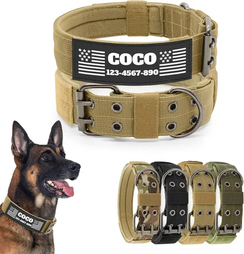 Vista 9 de Collar táctico personalizado para perro con parches de nombre y número de teléfono - Collar resistente personalizado con hebilla de cinturón