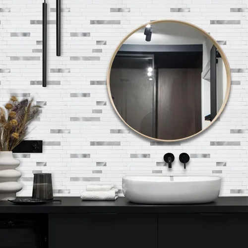 Vista 6 de Yipscazo Loseta en muro, de metal y piedra, para despegar y pegar, adhesiva, para cocina, baño, lavandería, cámper y chimenea